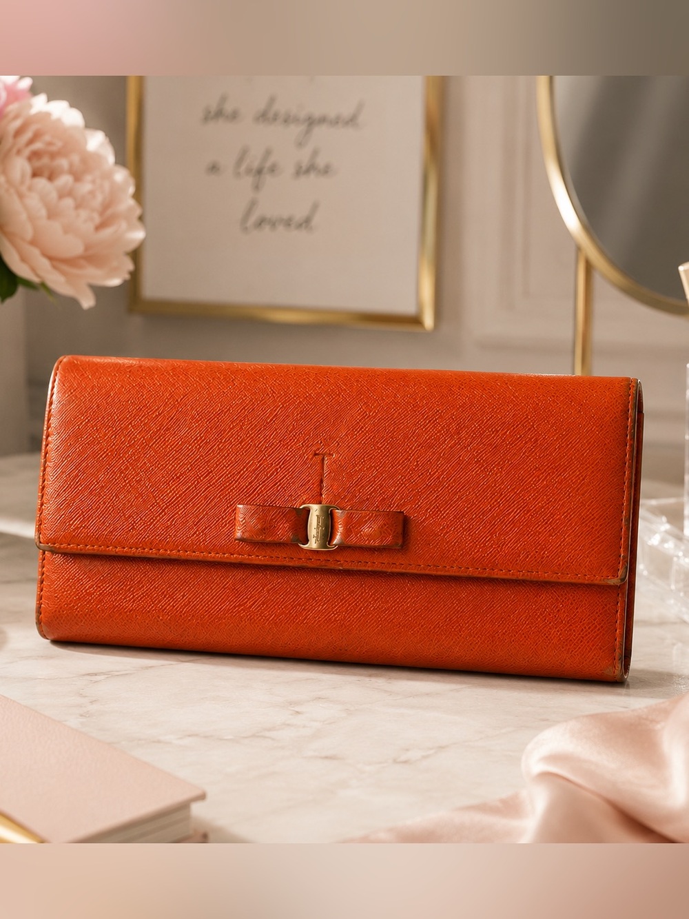 Salvatore Ferragamo Vara Bow Long Wallet – Orange Leather